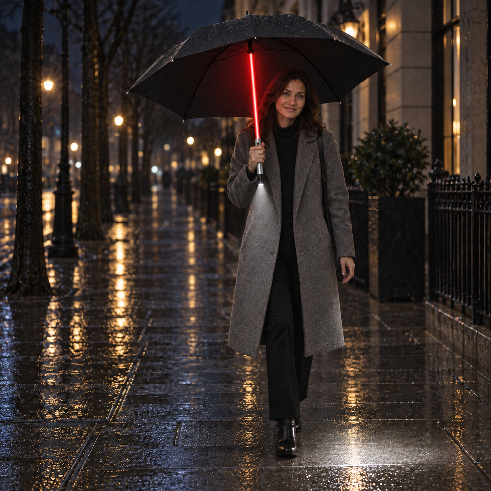 Illustrated night scene: red Glowbrella with handle light illuminating the pavement