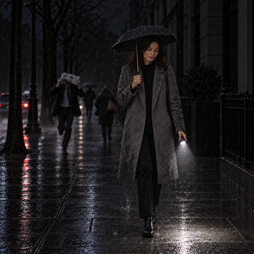 Illustrated comparison: woman under a small umbrella using her phone flashlight in a dark rainy street, with pedestrians hurrying for shelter and a passing car behind her.