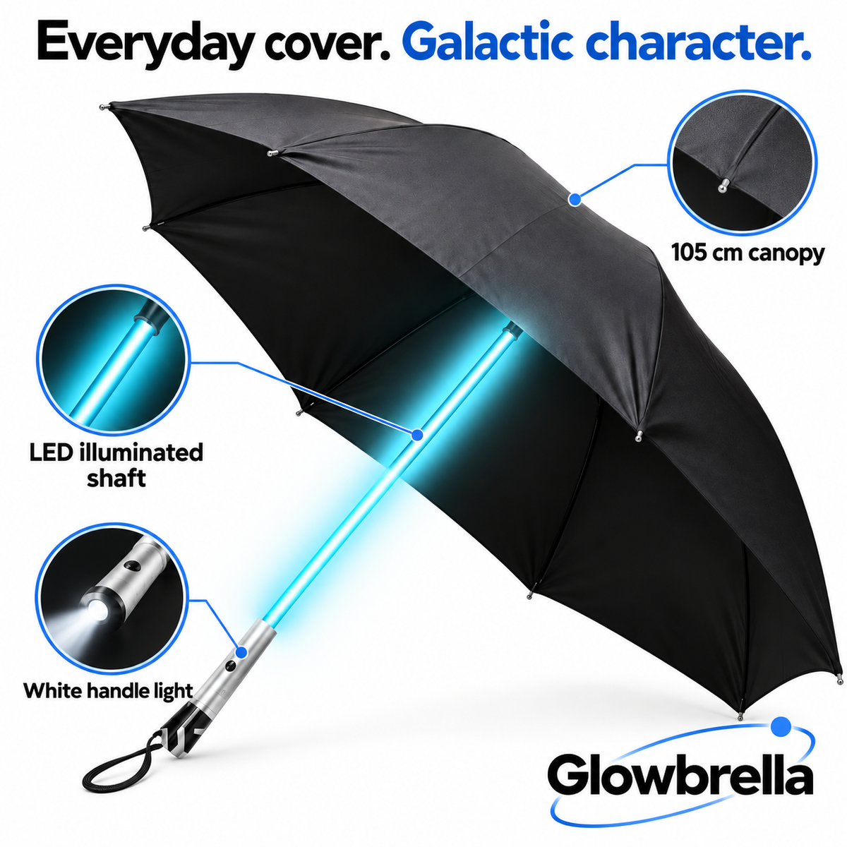 Glowbrella: LED shaft, white handle light and 105 cm canopy